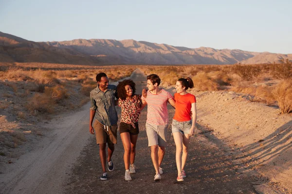 Quattro Giovani Amici Adulti Che Parlano Camminano Nel Deserto — Foto Stock