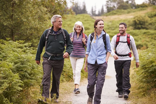 Dos Parejas Edad Mixta Caminando Camino Rural Durante Aventura Camping —  Fotos de Stock