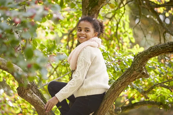 Dívka Sedící Podzimní Strom Soustružení Usmívá Kameru Boční Pohled — Stock fotografie