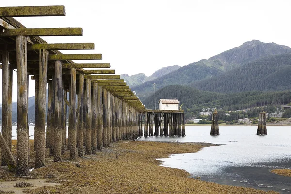 Holzsteg Erstreckt Sich See Mit Bewaldeten Bergen Hinter Alaska — Stockfoto