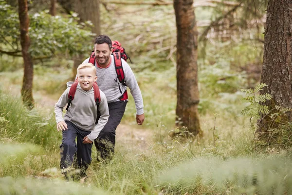 Pojke Och Far Tillsammans Ett Spår Mellan Träden Skog Båda — Stockfoto