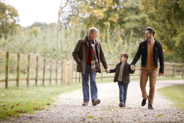 Farfar Med Son Och Sonson Hösten Går Landsbygden Tillsammans — Stockfoto