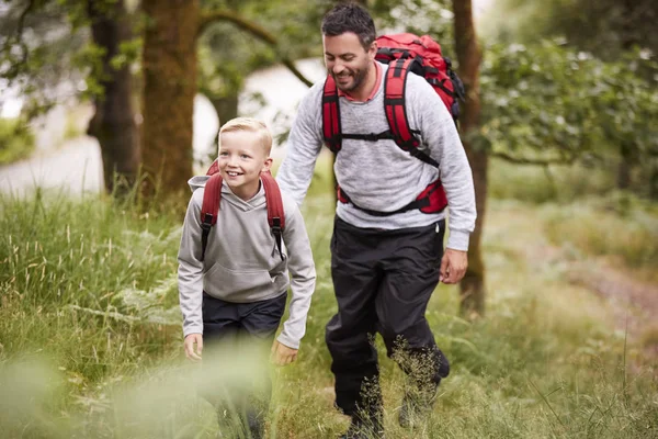 Pre Teen Jongen Zijn Vader Wandelen Een Bos Selectieve Aandacht — Stockfoto