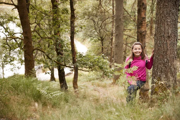 Menina Pré Adolescente Encostado Uma Árvore Uma Floresta Visto Através — Fotografia de Stock