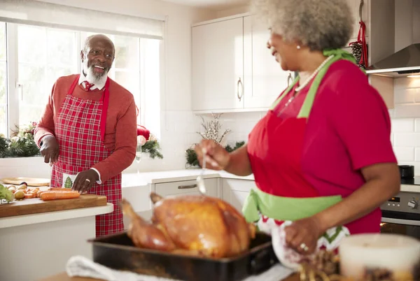 Donna Anziana Colore Che Prepara Tacchino Arrosto Cena Natale Gira — Foto Stock