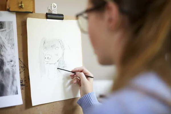 Крупный План Женщины Подростка Сидящей Углем Рисующей Собаку Фотографии Угле — стоковое фото