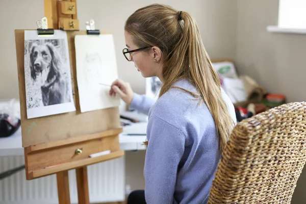 Kvinnliga Tonåriga Artist Sitter Vid Staffli Ritning Bild Hund Från — Stockfoto
