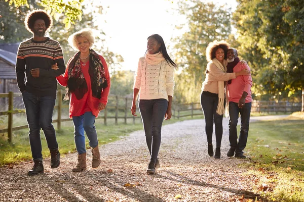 Genitori Anziani Con Prole Adulta Godersi Passeggiata Autunnale Campagna Insieme — Foto Stock