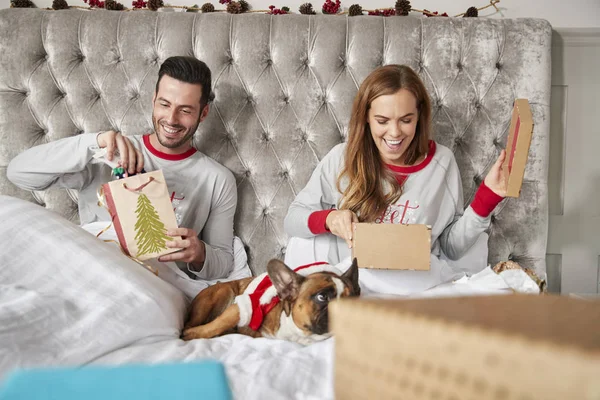 クリスマスのギフトを開くサンタ衣装に身を包んだ犬と一緒に自宅のベッドでカップル — ストック写真