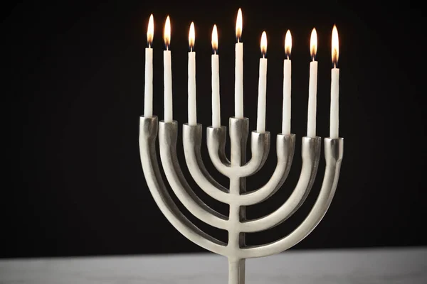 Hanukkah Menorah Burning Candles Black Studio Background — Stock Photo, Image