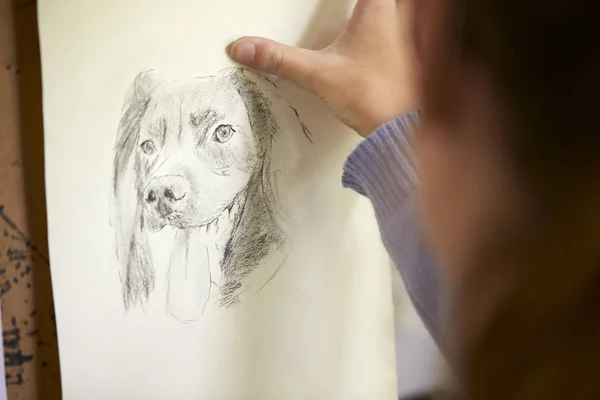 炭の写真から犬のイーゼル図面画像を座っている女性 代アーティストのクローズ アップ — ストック写真