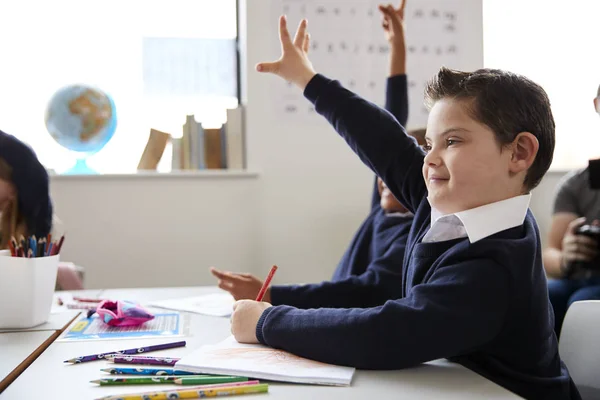 患有唐氏综合症的小学生坐在书桌前举手 在小学课堂上 侧视图 — 图库照片