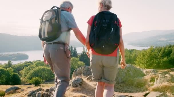 在屋湖区徒步时 高级夫妇穿着背包站在山顶上 看着美丽的风景 慢镜头拍摄 — 图库视频影像