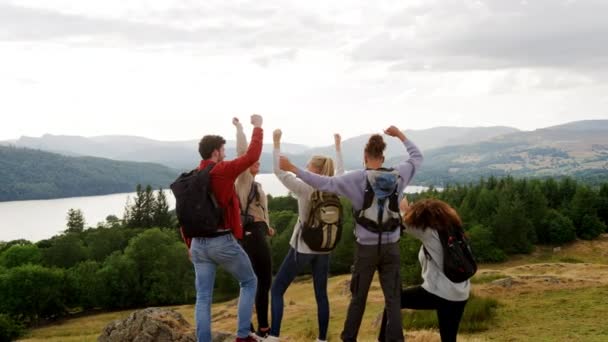 Multietnisk Grupp Fem Glada Unga Vuxna Vänner Jublar Med Armar — Stockvideo