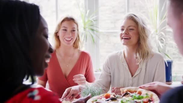 Young Adult Women Eating Lunch Friends Restaurant Shoulder View — Stock Video