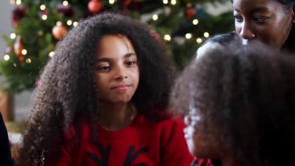 孩子们和母亲坐在地板上一起在家庆祝圣诞节 慢镜头 — 图库视频影像