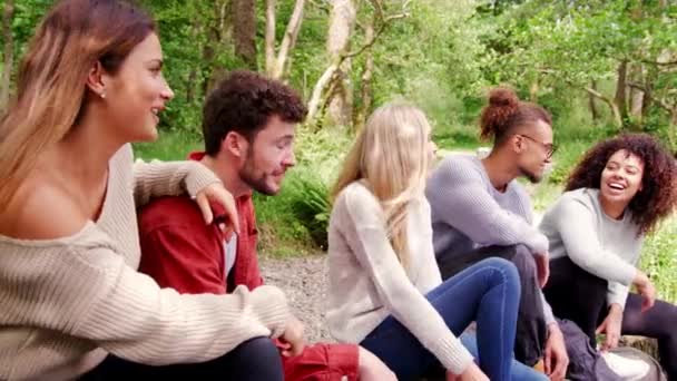 Five Young Adult Friends Taking Break Hike Sitting Rocks Stream — Stock Video