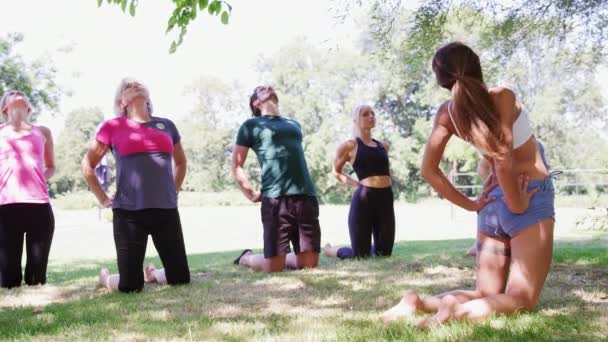 Istruttore Femminile Prendere Lezioni Yoga All Aperto Girato Rallentatore — Video Stock