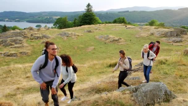在一次登山活动中 由五个快乐的年轻朋友组成的多民族在田野上徒步前往山顶 — 图库视频影像