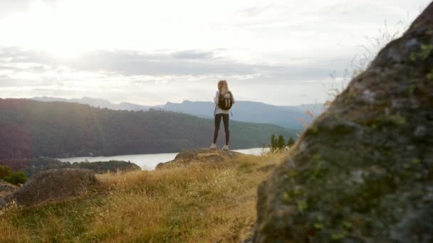 若い成人白人女性山ハイキング中に景色を眺めながらピークに立って背面図 — ストック動画