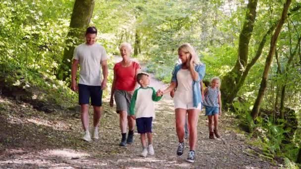 多代家庭沿着穿过林地的路径走向摄像机 慢动作拍摄 — 图库视频影像