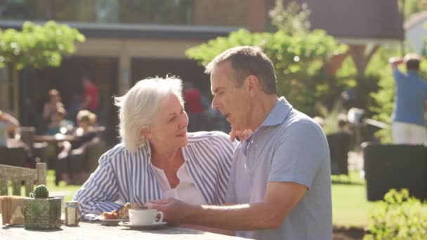 Senior Par Njuter Sommar Utomhus Pub Lunch Shot Slow Motion — Stockvideo