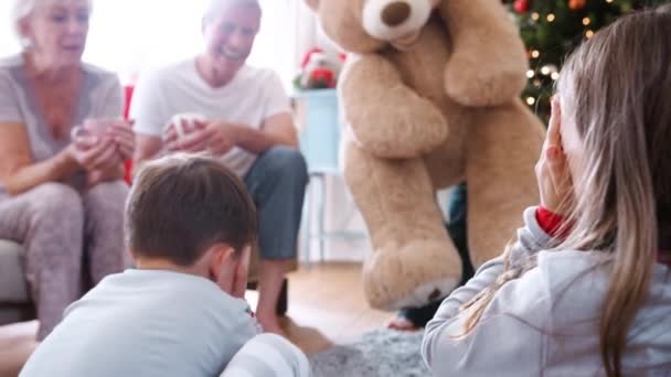 Kinder Spielen Mit Riesen Teddybär Als Mehrgenerationen Familieneröffnungsgeschenk Weihnachten Gedreht — Stockvideo