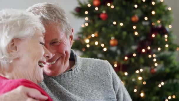 视频的高级夫妇坐在沙发上与圣诞树在家里 说话和微笑 — 图库视频影像