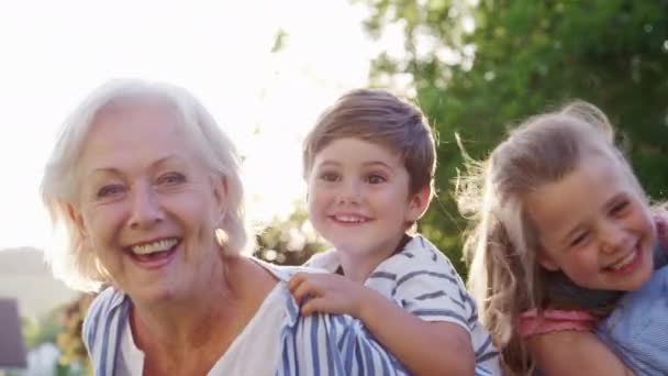 Kamera Śledzi Twarze Dziadków Dając Wnuki Przejażdżki Plecach Letni Spacer — Wideo stockowe
