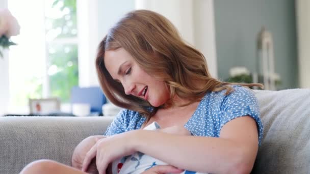 自宅の授乳中の赤ちゃんの息子のソファに座っている母親 スローモーションで撮影されたビデオ — ストック動画
