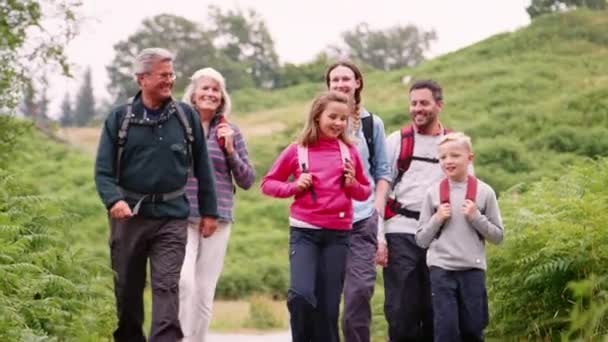 Multi Generatie Familie Praten Tijdens Het Wandelen Natuur Tijdens Een — Stockvideo