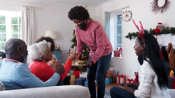 Hombre Sirviendo Champán Aperitivos Como Reunión Familiar Para Celebrar Navidad — Vídeo de stock