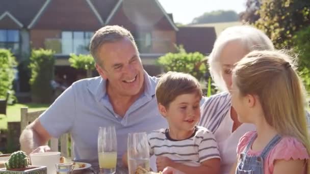 祖父母与孙子享受夏季户外酒吧午餐 拍摄慢动作 — 图库视频影像