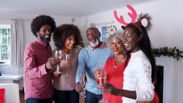 老年父母与成年后代一起在家庆祝圣诞节时做香槟酒的肖像 慢镜头 — 图库视频影像