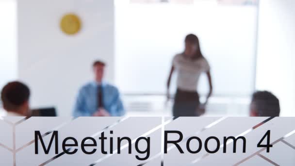 Meeting Room Businesswoman Standing Boardroom Table Giving Presentation Colleagues Shot — Stock Video