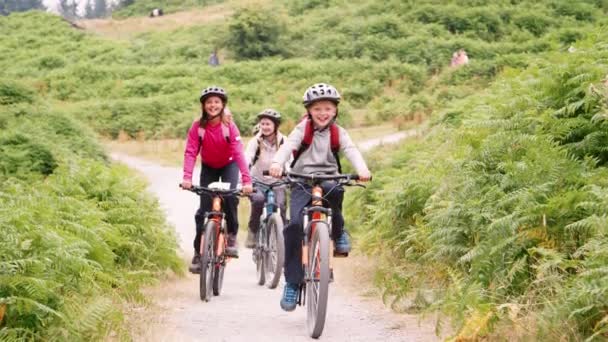 Familia Joven Divirtiéndose Montando Bicicletas Montaña Unas Vacaciones Camping — Vídeos de Stock