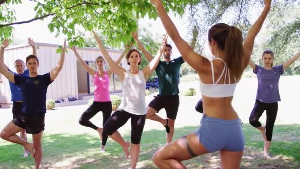 女教练参加户外瑜伽课程 慢动作射击 — 图库视频影像