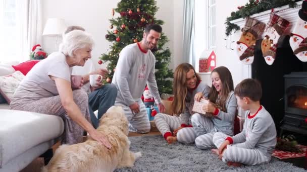 多代家庭穿着睡衣坐在休息室里看着孩子们打开圣诞礼物 慢镜头 — 图库视频影像