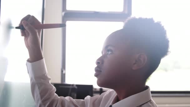 Sınıfta Interaktif Beyaz Tahta Üzerinde Üniforma Yazı Giyen Kadın Lise — Stok video