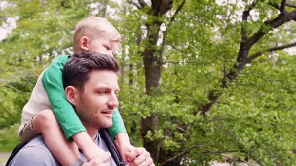スローモーションで撮影として一緒に森を歩いて彼らの肩に運ぶ若い息子を父します — ストック動画