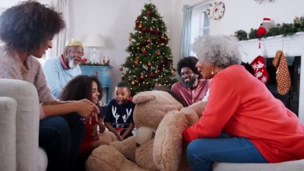 Großeltern Schenken Enkeln Riesen Teddybär Als Mehrgenerationenfamilie Die Gemeinsam Weihnachten — Stockvideo