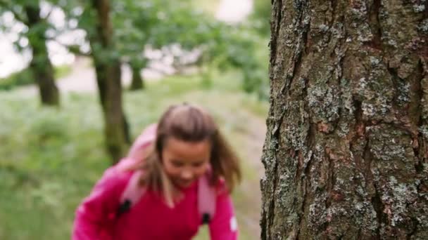Dziewczyna Chodzenie Ostrości Wędrówki Między Drzewa Lesie Bliska — Wideo stockowe
