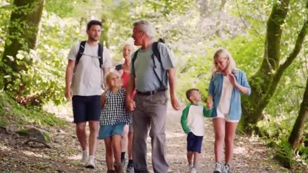 Multi Generatie Familie Lopen Naar Camera Weg Door Bos Shot — Stockvideo