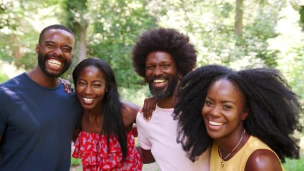 Quatro Amigos Adultos Negros Passeio Floresta Abraçando — Vídeo de Stock
