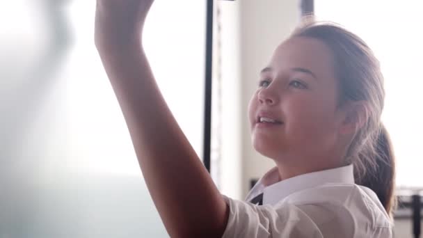 Backlit Pohled Studentky Středoškolské Výuky Interaktivní Tabuli Učebně Pomalém Pohybu — Stock video