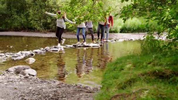 若い大人のお友達手をつなぐ 助け合うハイキング中に分散石の川を渡って — ストック動画