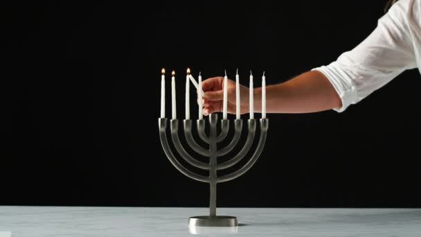 Partial View Video Person Hand Lighting Candles Hanukkah Menorah Black — Stock Video