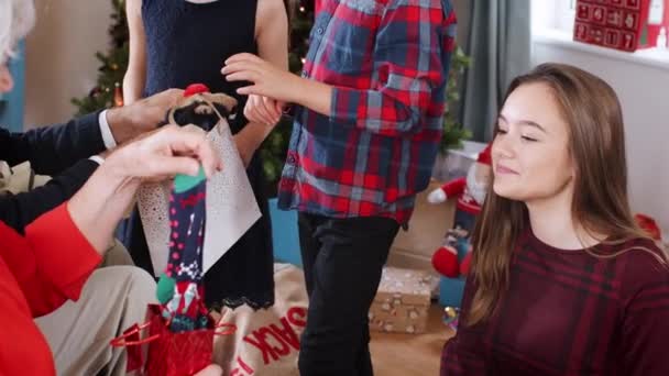 Онуки Дарують Дідусям Бабусям Подарунки Сім Багатоповерхівки Святкують Різдво Разом — стокове відео