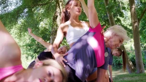 Instructora Mujer Ayudando Estudiante Clase Yoga Aire Libre Filmada Cámara — Vídeo de stock