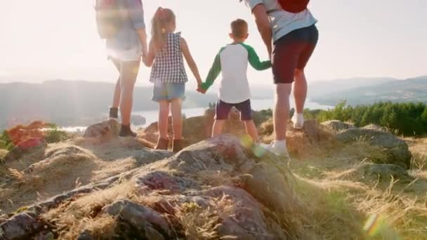 Rear View Family Wearing Backpacks Standing Top Hill Hike Lake — Stock Video